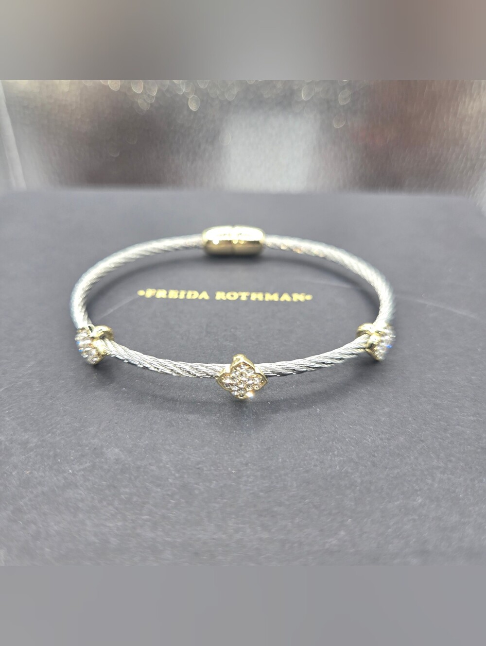 Freida Rothman Silver Cable Bracelet with Gold Crystal Accents Magnetic Closure